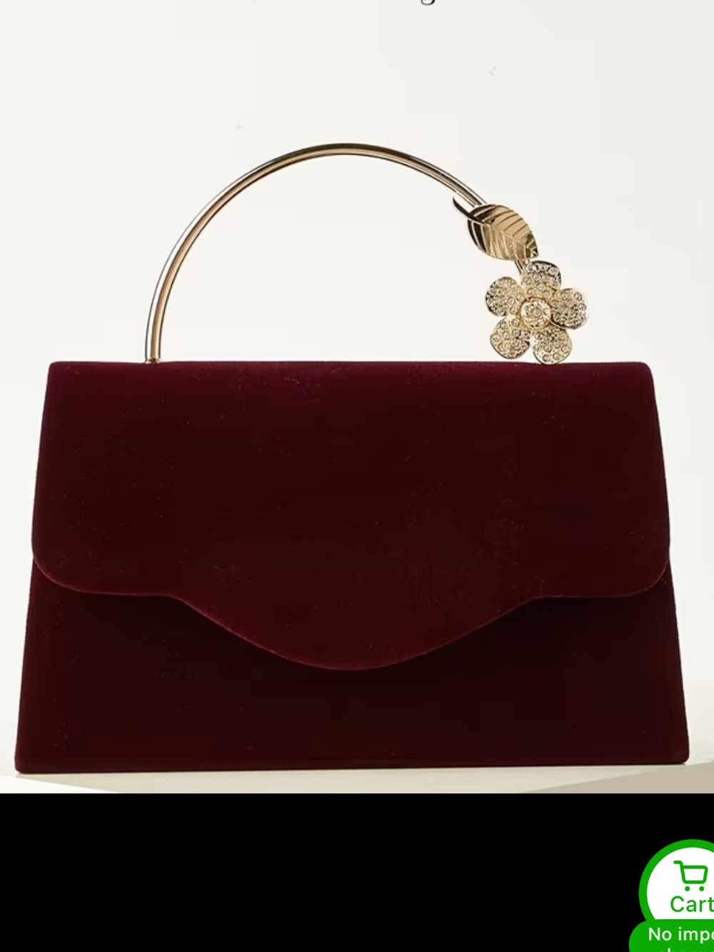 New Burgundy Velvet Handle Bag with Gold Floral Accent